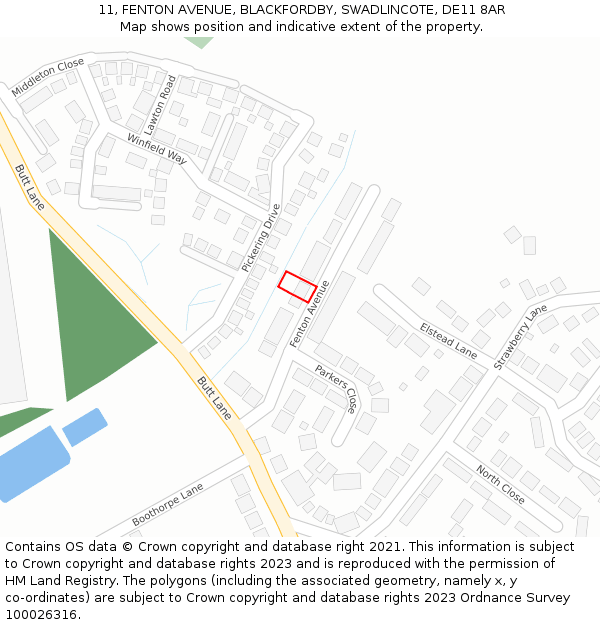 11, FENTON AVENUE, BLACKFORDBY, SWADLINCOTE, DE11 8AR: Location map and indicative extent of plot