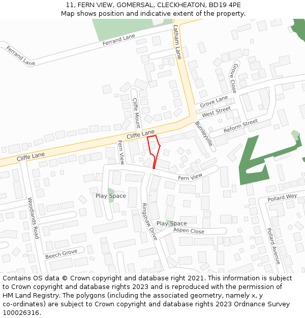 11, FERN VIEW, GOMERSAL, CLECKHEATON, BD19 4PE: Location map and indicative extent of plot