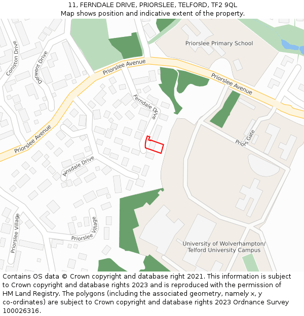 11, FERNDALE DRIVE, PRIORSLEE, TELFORD, TF2 9QL: Location map and indicative extent of plot