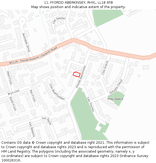 11, FFORDD ABERKINSEY, RHYL, LL18 4FB: Location map and indicative extent of plot