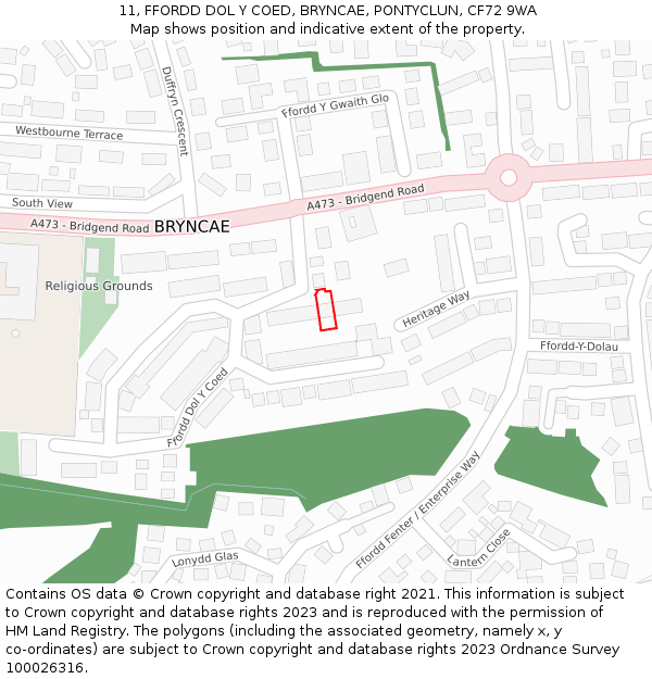 11, FFORDD DOL Y COED, BRYNCAE, PONTYCLUN, CF72 9WA: Location map and indicative extent of plot