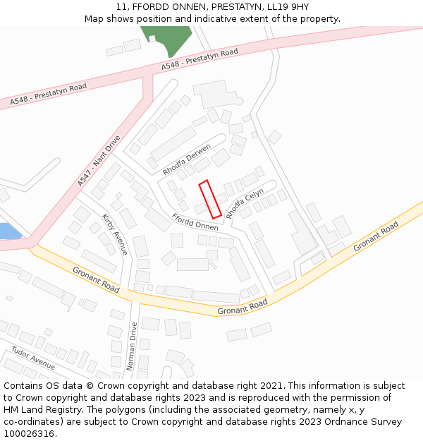 11, FFORDD ONNEN, PRESTATYN, LL19 9HY: Location map and indicative extent of plot