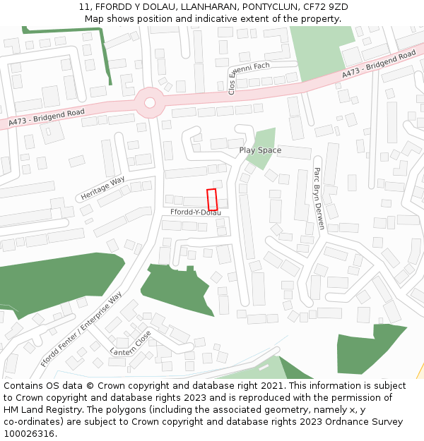 11, FFORDD Y DOLAU, LLANHARAN, PONTYCLUN, CF72 9ZD: Location map and indicative extent of plot