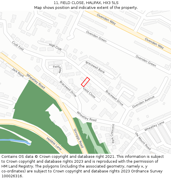 11, FIELD CLOSE, HALIFAX, HX3 5LS: Location map and indicative extent of plot