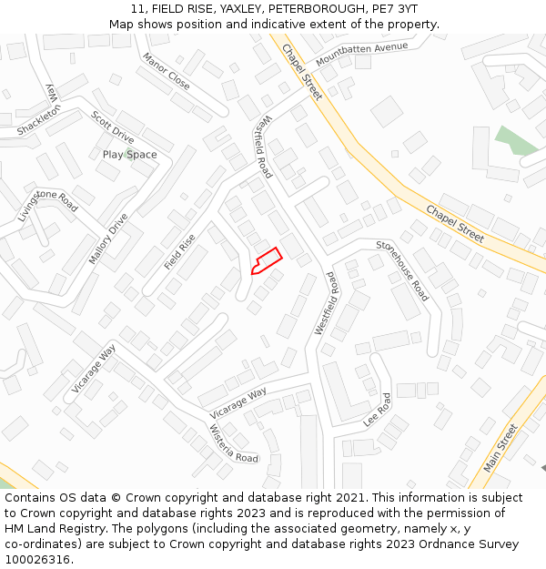 11, FIELD RISE, YAXLEY, PETERBOROUGH, PE7 3YT: Location map and indicative extent of plot