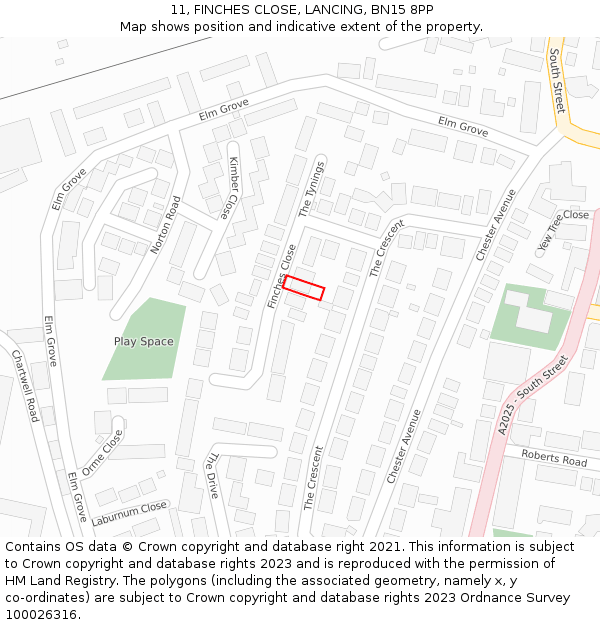 11, FINCHES CLOSE, LANCING, BN15 8PP: Location map and indicative extent of plot