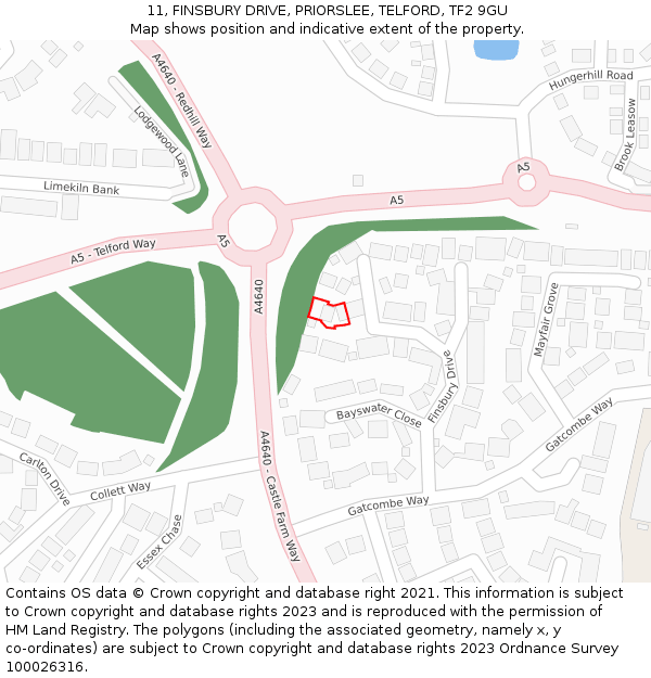 11, FINSBURY DRIVE, PRIORSLEE, TELFORD, TF2 9GU: Location map and indicative extent of plot
