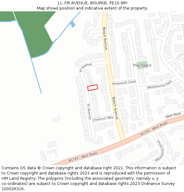 11, FIR AVENUE, BOURNE, PE10 9RY: Location map and indicative extent of plot