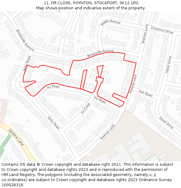 11, FIR CLOSE, POYNTON, STOCKPORT, SK12 1PD: Location map and indicative extent of plot