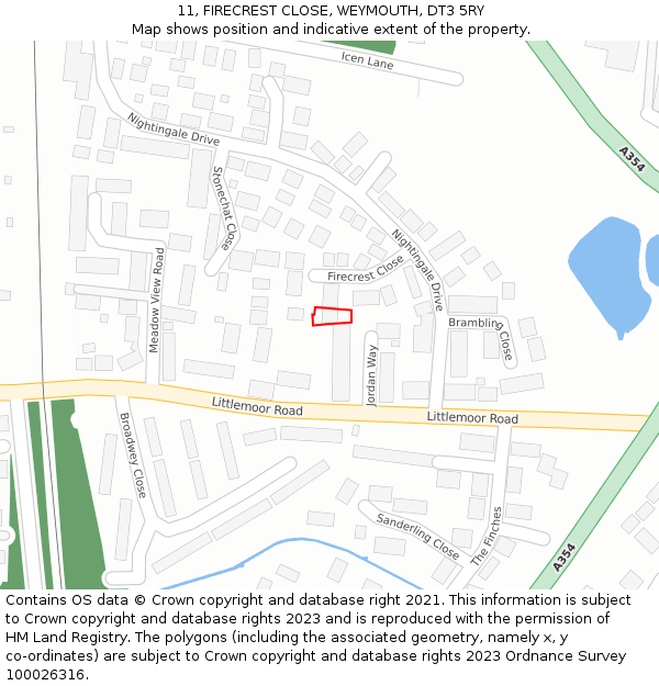 11, FIRECREST CLOSE, WEYMOUTH, DT3 5RY: Location map and indicative extent of plot