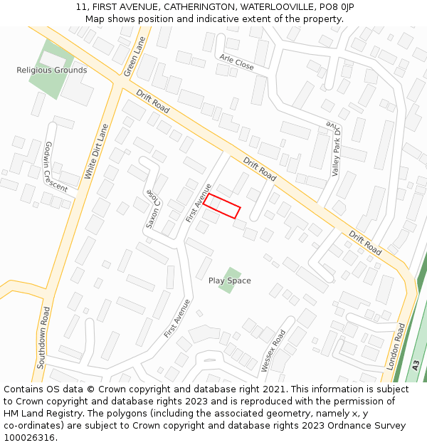 11, FIRST AVENUE, CATHERINGTON, WATERLOOVILLE, PO8 0JP: Location map and indicative extent of plot