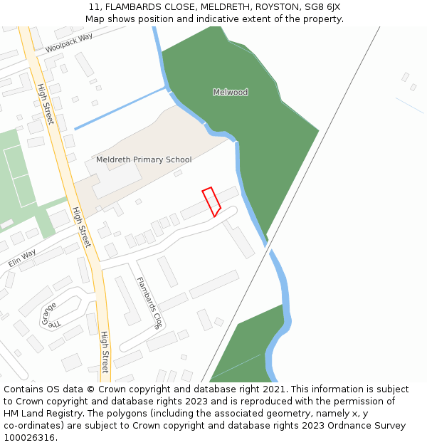 11, FLAMBARDS CLOSE, MELDRETH, ROYSTON, SG8 6JX: Location map and indicative extent of plot
