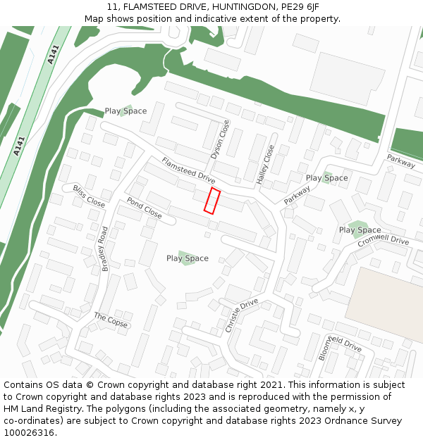 11, FLAMSTEED DRIVE, HUNTINGDON, PE29 6JF: Location map and indicative extent of plot