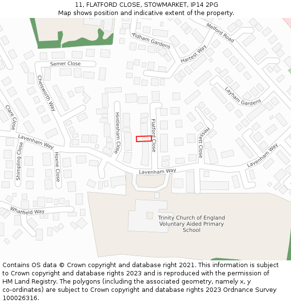 11, FLATFORD CLOSE, STOWMARKET, IP14 2PG: Location map and indicative extent of plot