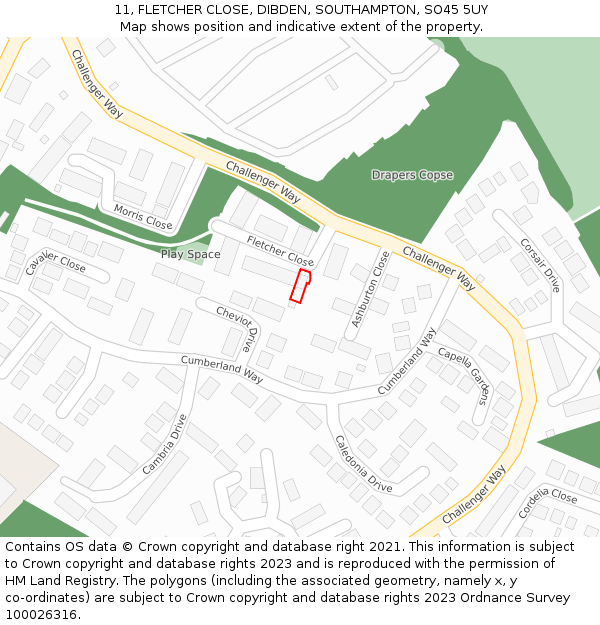11, FLETCHER CLOSE, DIBDEN, SOUTHAMPTON, SO45 5UY: Location map and indicative extent of plot