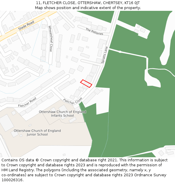 11, FLETCHER CLOSE, OTTERSHAW, CHERTSEY, KT16 0JT: Location map and indicative extent of plot