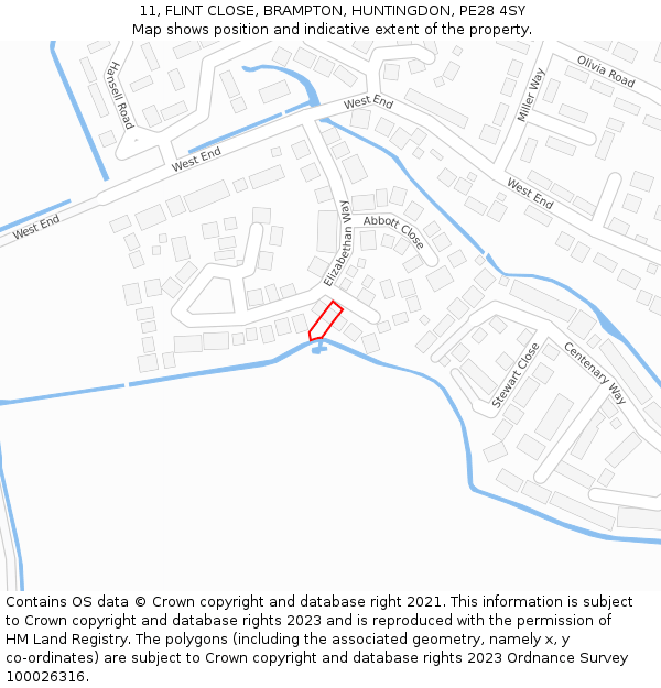 11, FLINT CLOSE, BRAMPTON, HUNTINGDON, PE28 4SY: Location map and indicative extent of plot