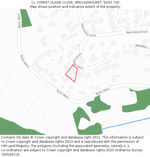 11, FOREST GLADE CLOSE, BROCKENHURST, SO42 7QY: Location map and indicative extent of plot