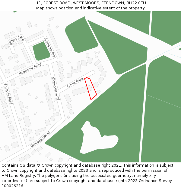 11, FOREST ROAD, WEST MOORS, FERNDOWN, BH22 0EU: Location map and indicative extent of plot