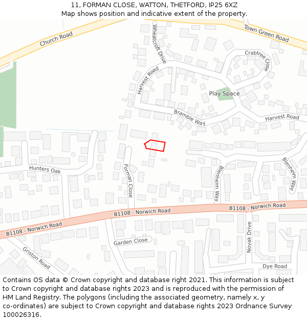 11, FORMAN CLOSE, WATTON, THETFORD, IP25 6XZ: Location map and indicative extent of plot