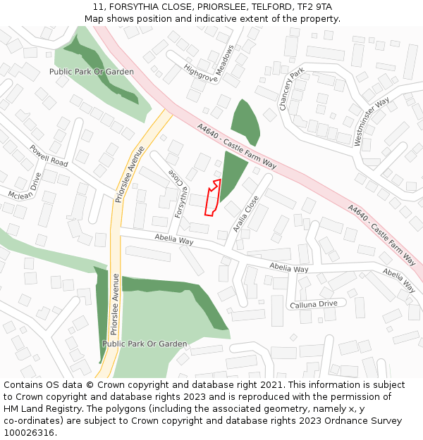 11, FORSYTHIA CLOSE, PRIORSLEE, TELFORD, TF2 9TA: Location map and indicative extent of plot