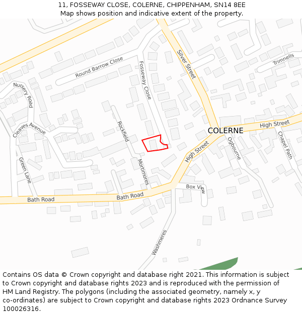 11, FOSSEWAY CLOSE, COLERNE, CHIPPENHAM, SN14 8EE: Location map and indicative extent of plot