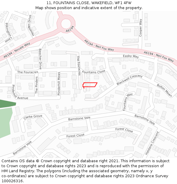 11, FOUNTAINS CLOSE, WAKEFIELD, WF1 4FW: Location map and indicative extent of plot