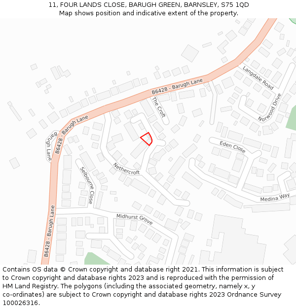 11, FOUR LANDS CLOSE, BARUGH GREEN, BARNSLEY, S75 1QD: Location map and indicative extent of plot