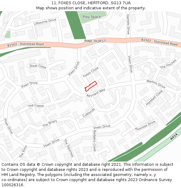 11, FOXES CLOSE, HERTFORD, SG13 7UA: Location map and indicative extent of plot