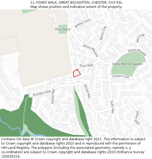 11, FOXES WALK, GREAT BOUGHTON, CHESTER, CH3 5SL: Location map and indicative extent of plot