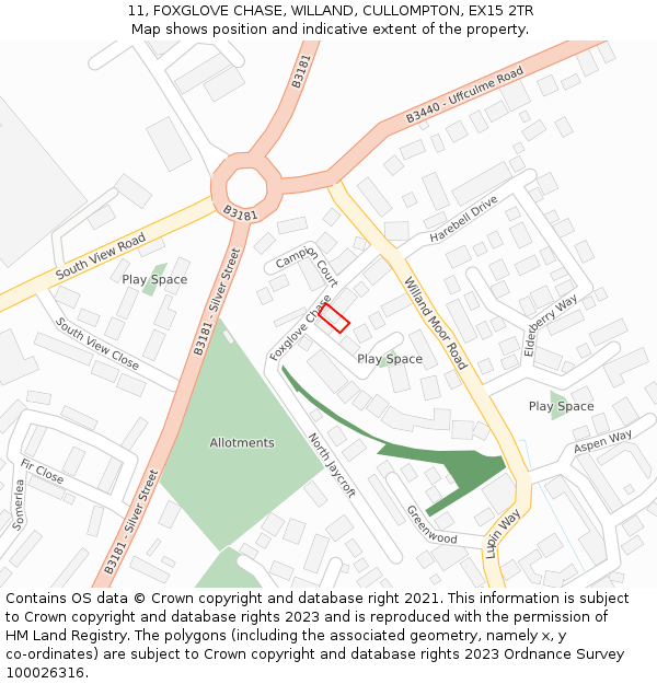 11, FOXGLOVE CHASE, WILLAND, CULLOMPTON, EX15 2TR: Location map and indicative extent of plot