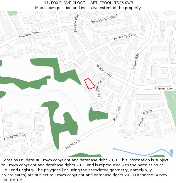 11, FOXGLOVE CLOSE, HARTLEPOOL, TS26 0WB: Location map and indicative extent of plot