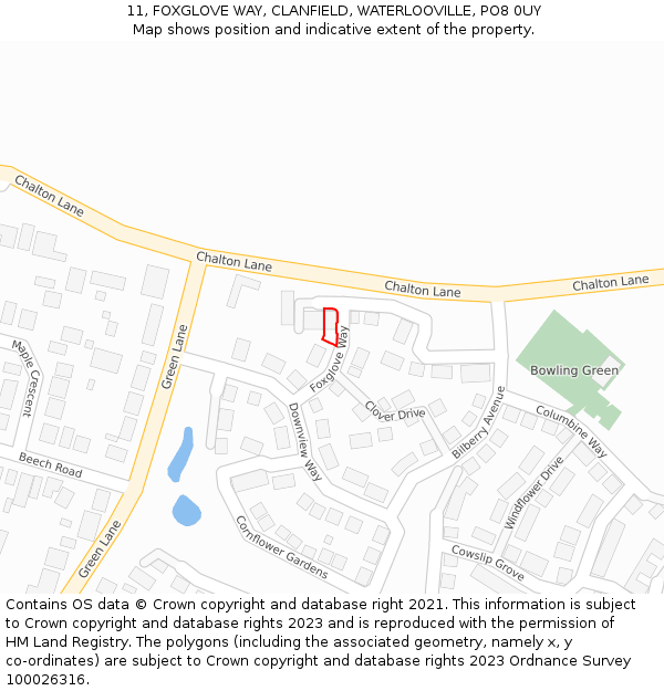 11, FOXGLOVE WAY, CLANFIELD, WATERLOOVILLE, PO8 0UY: Location map and indicative extent of plot