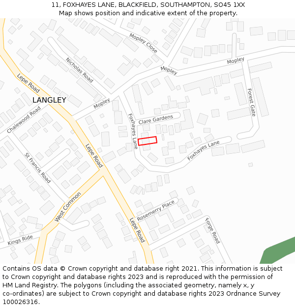 11, FOXHAYES LANE, BLACKFIELD, SOUTHAMPTON, SO45 1XX: Location map and indicative extent of plot