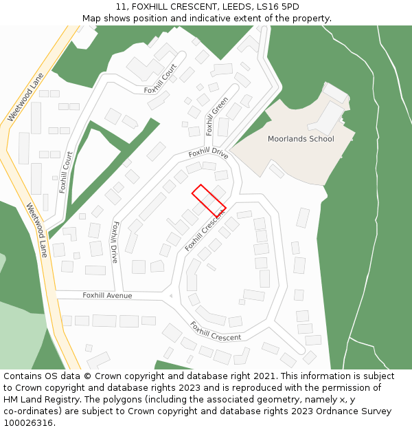 11, FOXHILL CRESCENT, LEEDS, LS16 5PD: Location map and indicative extent of plot