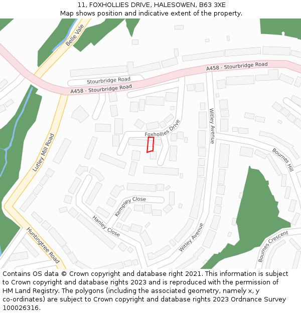 11, FOXHOLLIES DRIVE, HALESOWEN, B63 3XE: Location map and indicative extent of plot