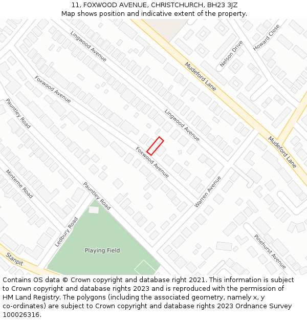 11, FOXWOOD AVENUE, CHRISTCHURCH, BH23 3JZ: Location map and indicative extent of plot