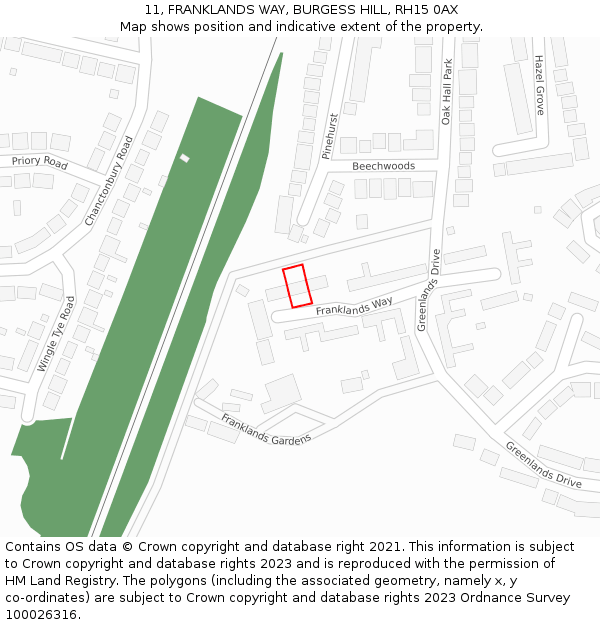 11, FRANKLANDS WAY, BURGESS HILL, RH15 0AX: Location map and indicative extent of plot