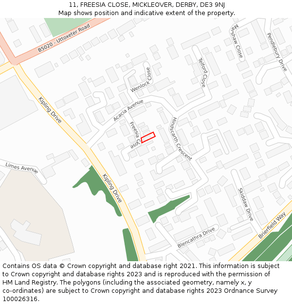 11, FREESIA CLOSE, MICKLEOVER, DERBY, DE3 9NJ: Location map and indicative extent of plot