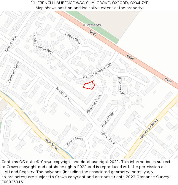 11, FRENCH LAURENCE WAY, CHALGROVE, OXFORD, OX44 7YE: Location map and indicative extent of plot