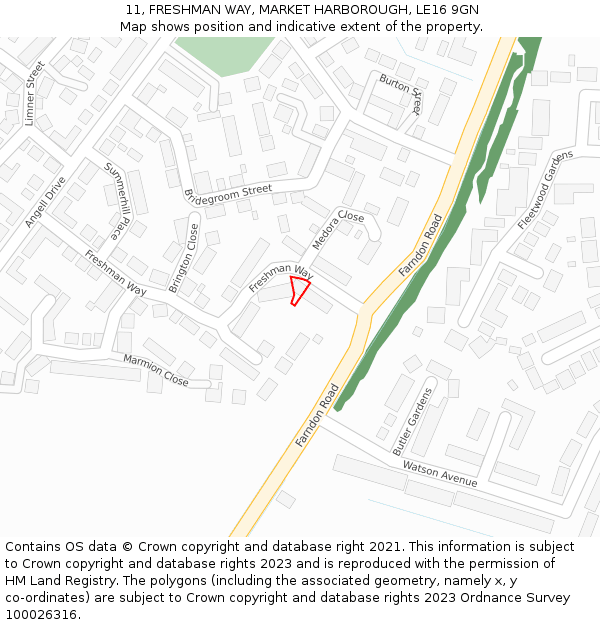 11, FRESHMAN WAY, MARKET HARBOROUGH, LE16 9GN: Location map and indicative extent of plot