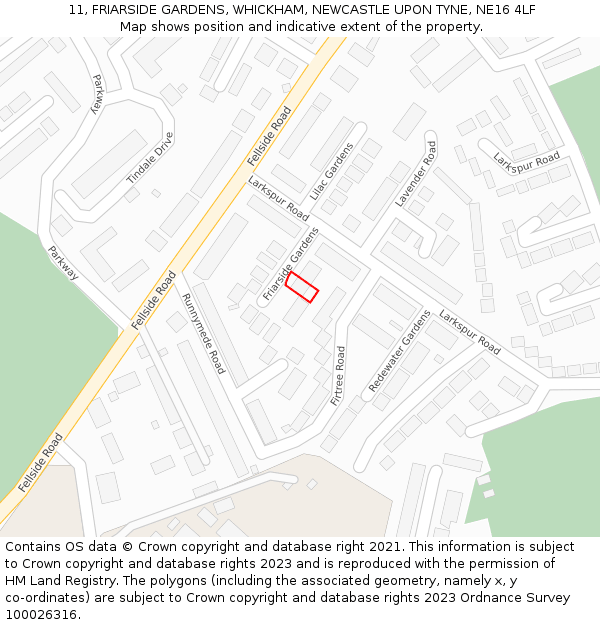 11, FRIARSIDE GARDENS, WHICKHAM, NEWCASTLE UPON TYNE, NE16 4LF: Location map and indicative extent of plot