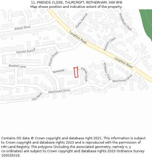 11, FRIENDS CLOSE, THURCROFT, ROTHERHAM, S66 9FB: Location map and indicative extent of plot