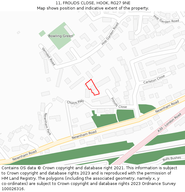 11, FROUDS CLOSE, HOOK, RG27 9NE: Location map and indicative extent of plot
