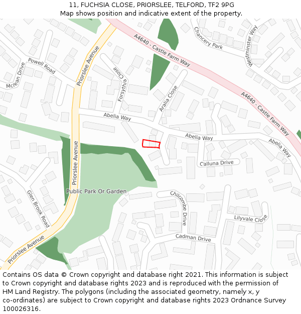 11, FUCHSIA CLOSE, PRIORSLEE, TELFORD, TF2 9PG: Location map and indicative extent of plot