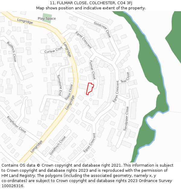 11, FULMAR CLOSE, COLCHESTER, CO4 3FJ: Location map and indicative extent of plot