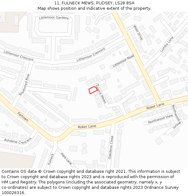 11, FULNECK MEWS, PUDSEY, LS28 8SA: Location map and indicative extent of plot