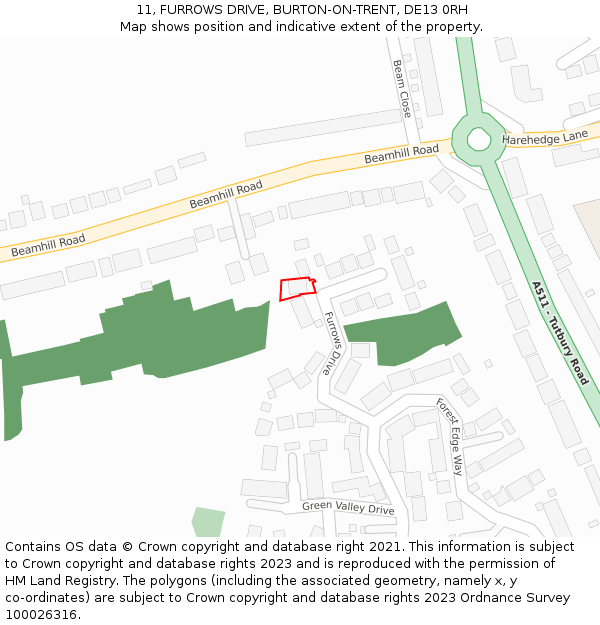 11, FURROWS DRIVE, BURTON-ON-TRENT, DE13 0RH: Location map and indicative extent of plot