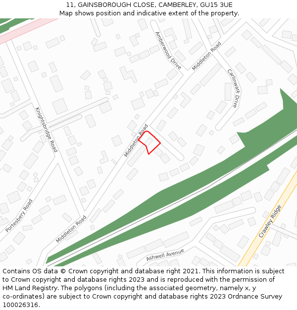 11, GAINSBOROUGH CLOSE, CAMBERLEY, GU15 3UE: Location map and indicative extent of plot