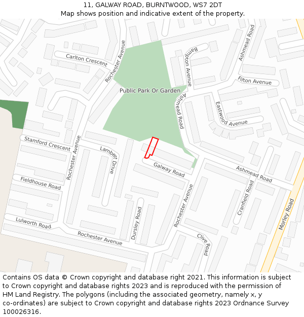 11, GALWAY ROAD, BURNTWOOD, WS7 2DT: Location map and indicative extent of plot